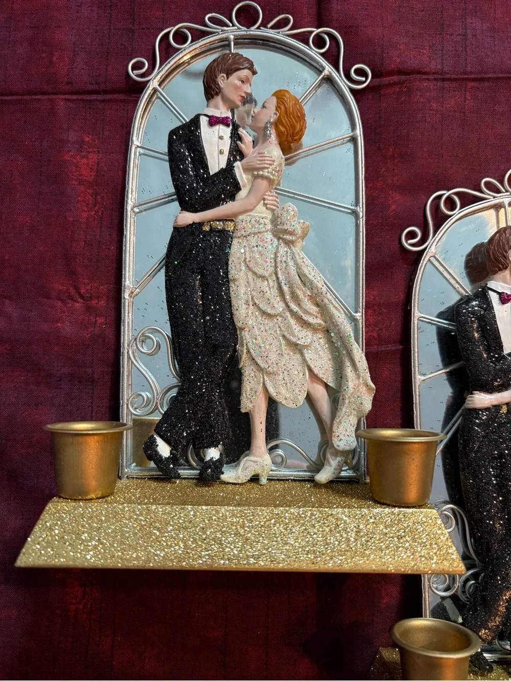 Set of 3 Wedding Bride & Groom Candleholders with Mirrored Backdrop & Gold Base